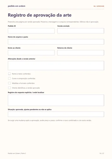 Registro de aprovação da arte: página real do PDF, com versão, datas e conferências.