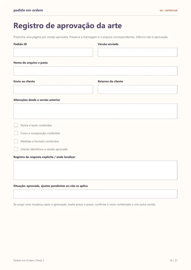 Ficha real de aprovação da arte
