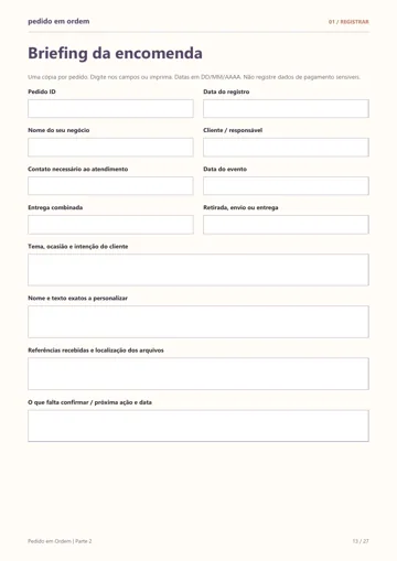 Briefing da encomenda: página real do PDF, com os campos para registrar o pedido.