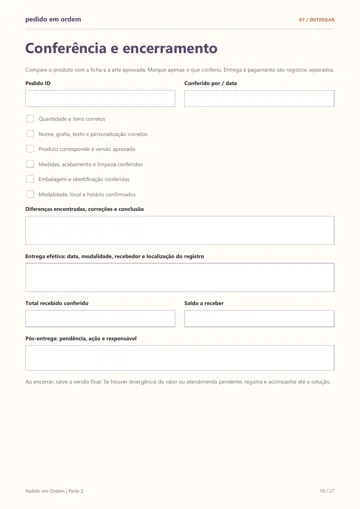 Conferência e encerramento: página real do PDF com checklist e registro de entrega.