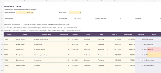 Planilha do kit com dados fictícios da aba Exemplo